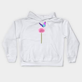 Purple butterfly over pink allium flower Kids Hoodie